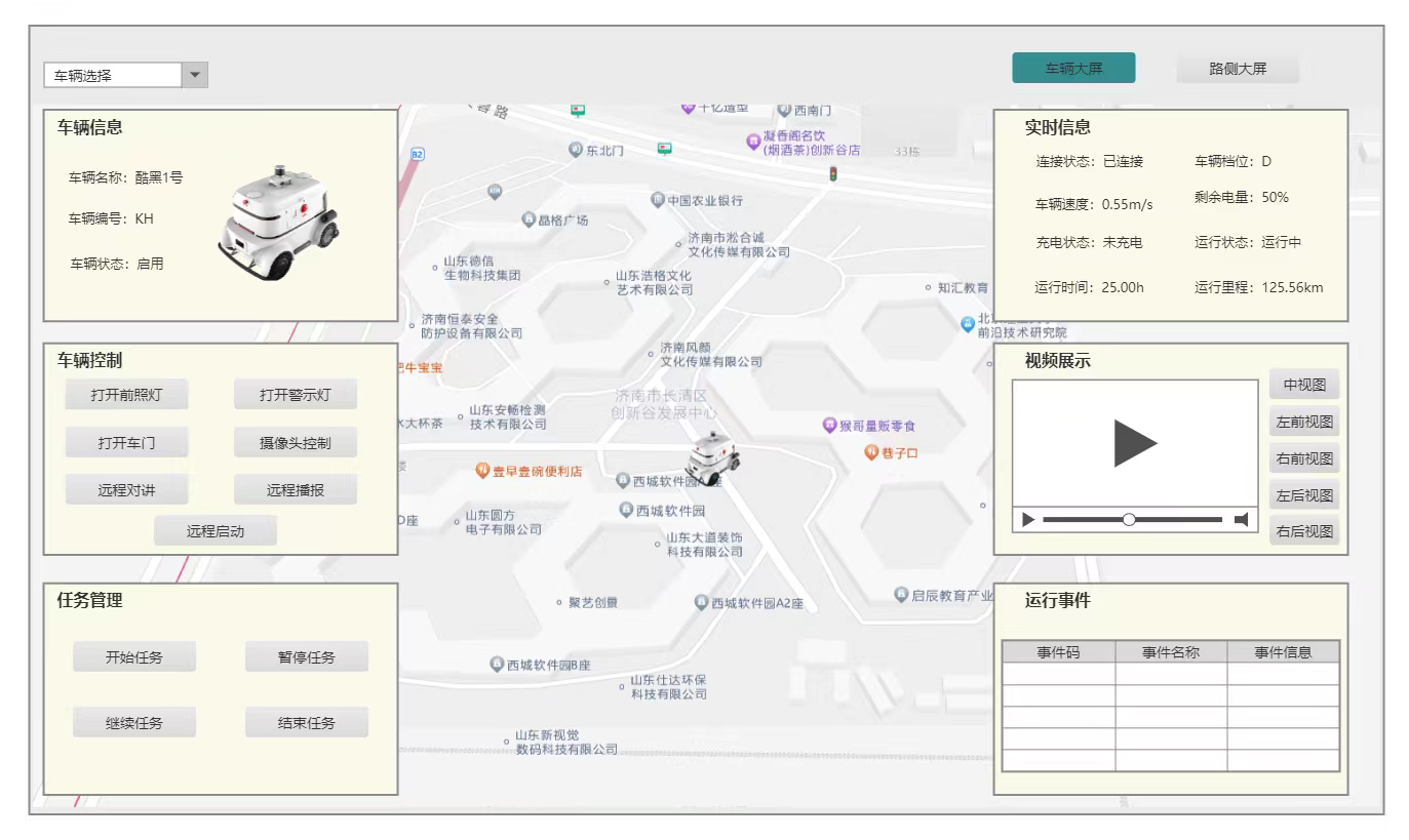 车辆调度大屏早期原型，中央为地图，两侧为信息与控制模块