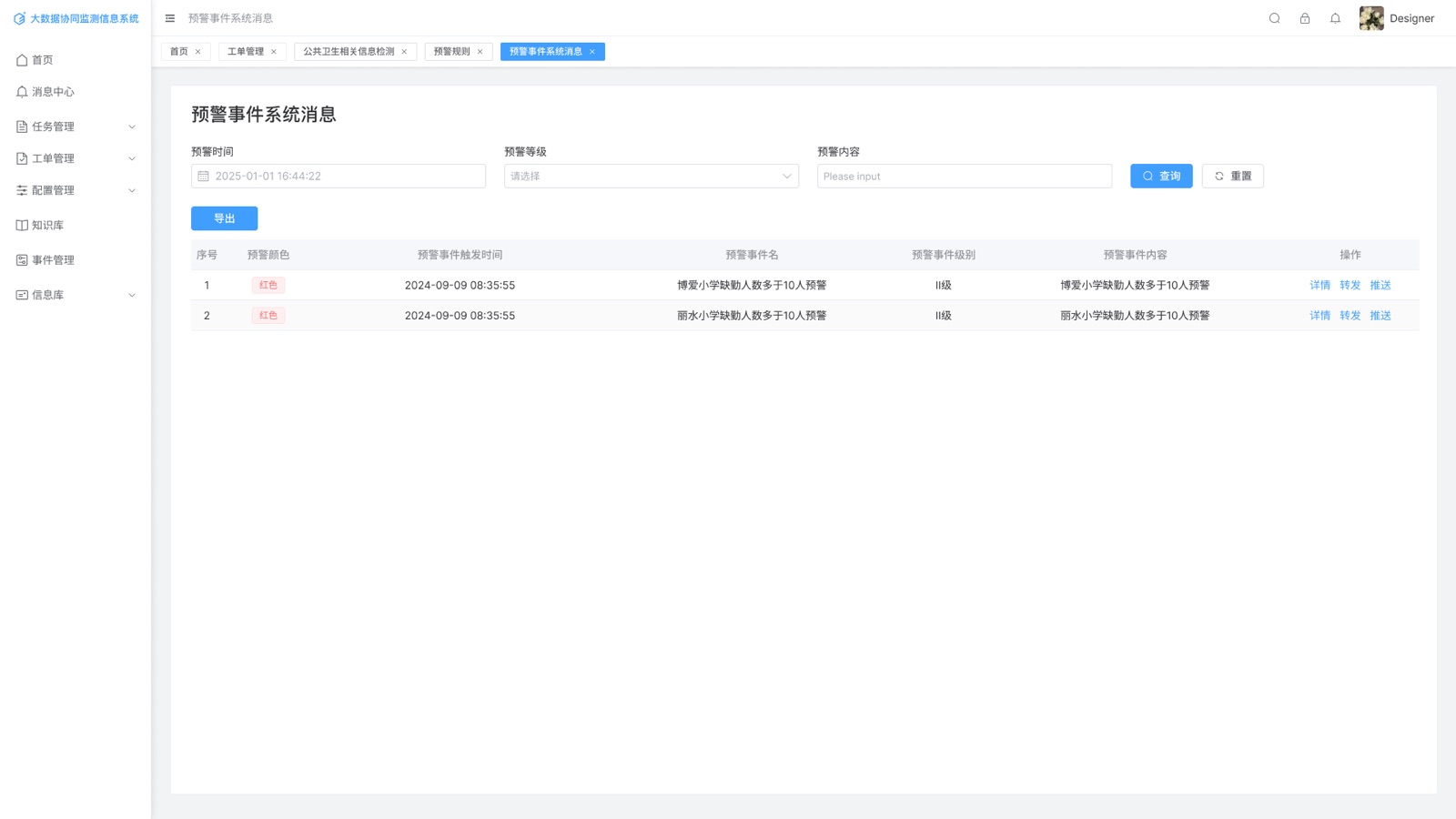 预警事件系统消息：大数据协同监测信息系统 UI 设计稿