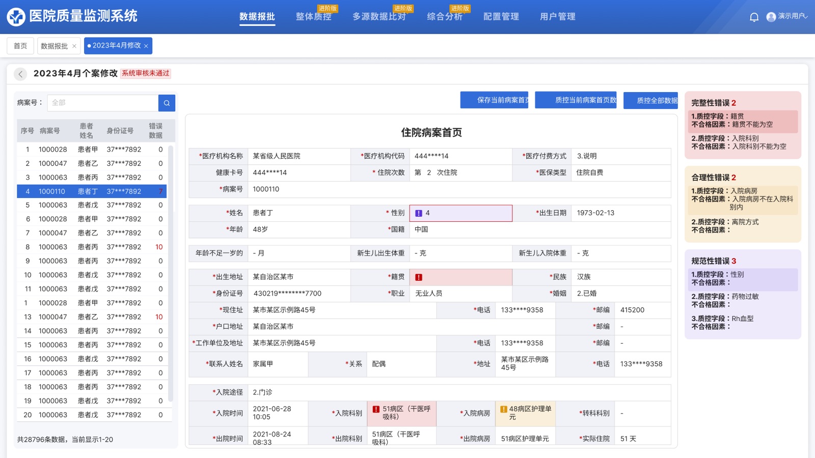 个案修改+错误分类列表：医院质量监测系统 UI 设计稿